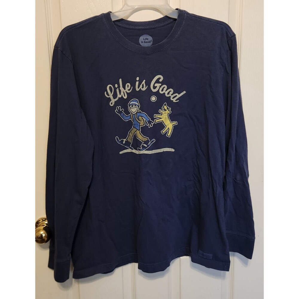 Life Is Good Womens XL Crusher Tee Long Sleeve Ski Dog Graphic Navy Blue